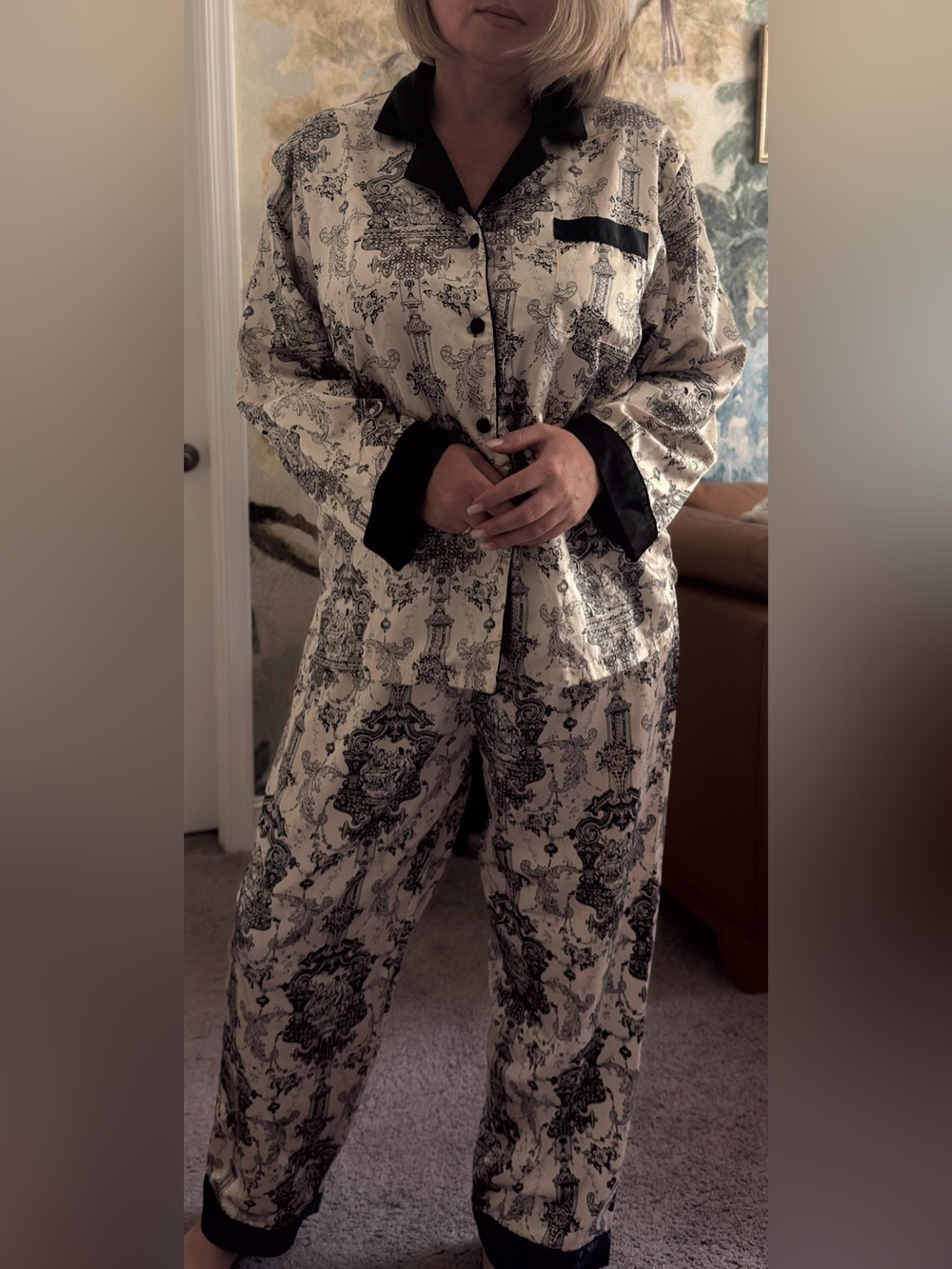 Robert Louis Silk Pajama Set Women L Black Ivory Asian Chinoiserie Print 2 Piece